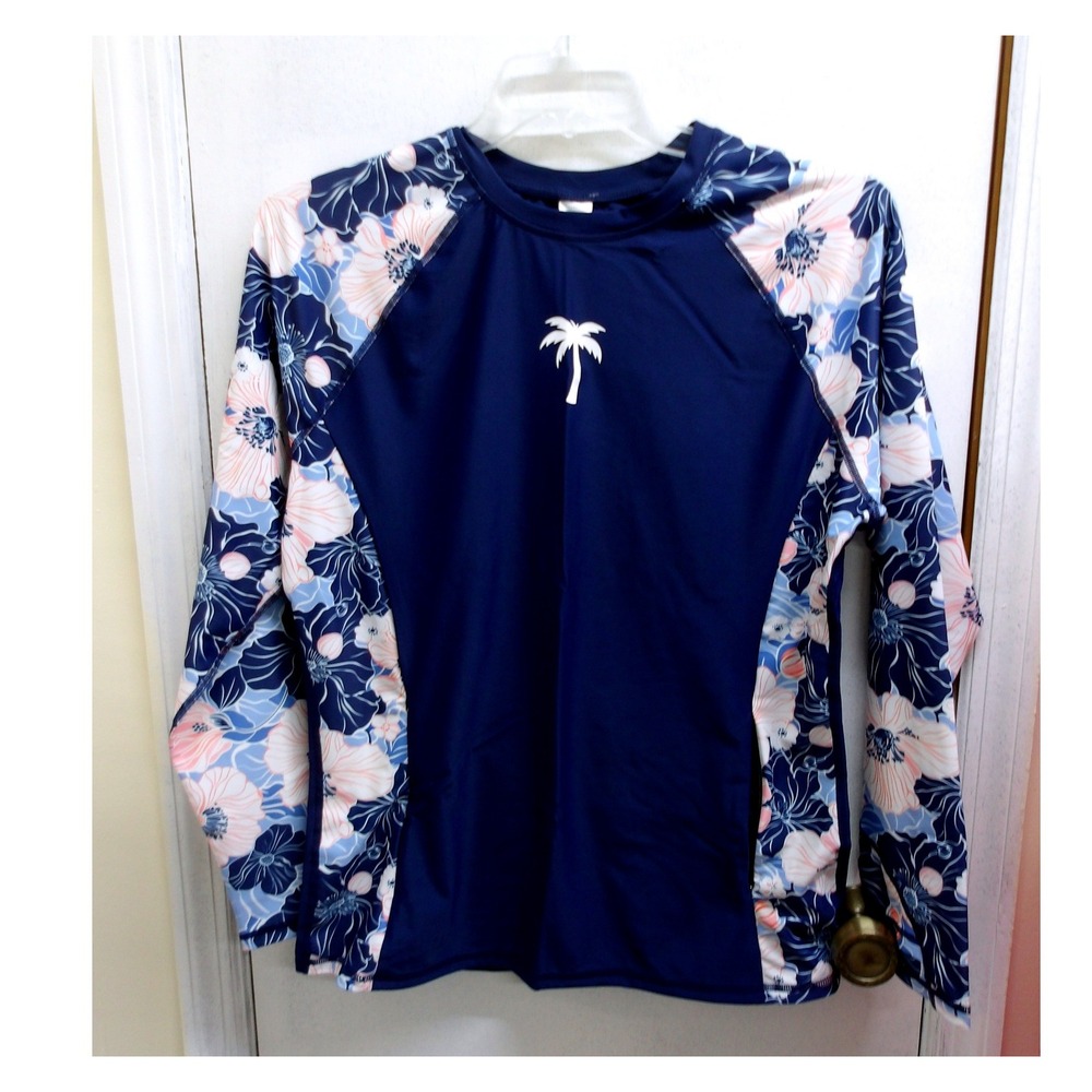 Halcurt XL Rash Guard Swim Shirt Navy Blue Palm Tree Floral Long Sleeve /#26528